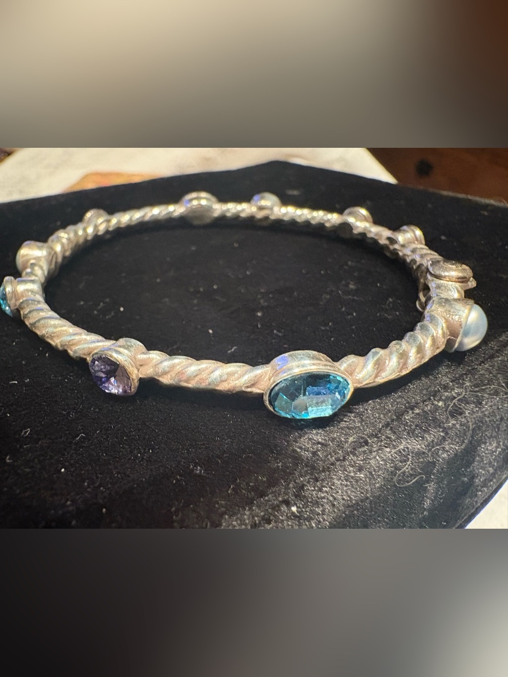 Brighton Monte Carlo Silver Jeweled Bangle Bracelet Hinged Blue Stones Pearls
